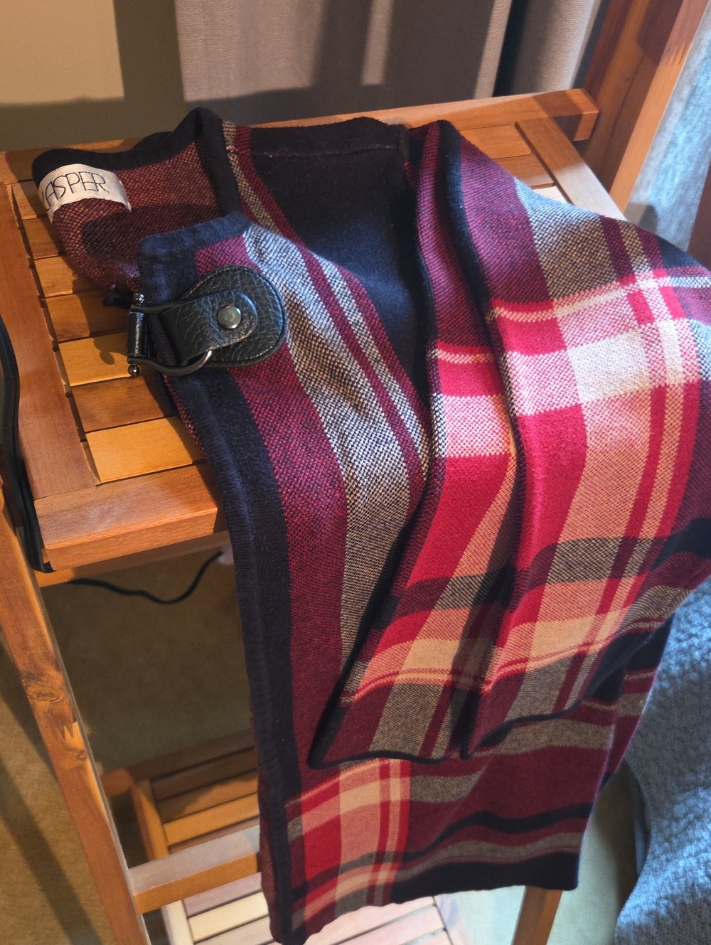 Kasper Tartan Red and Black Leather Toggle-Front Sweater
